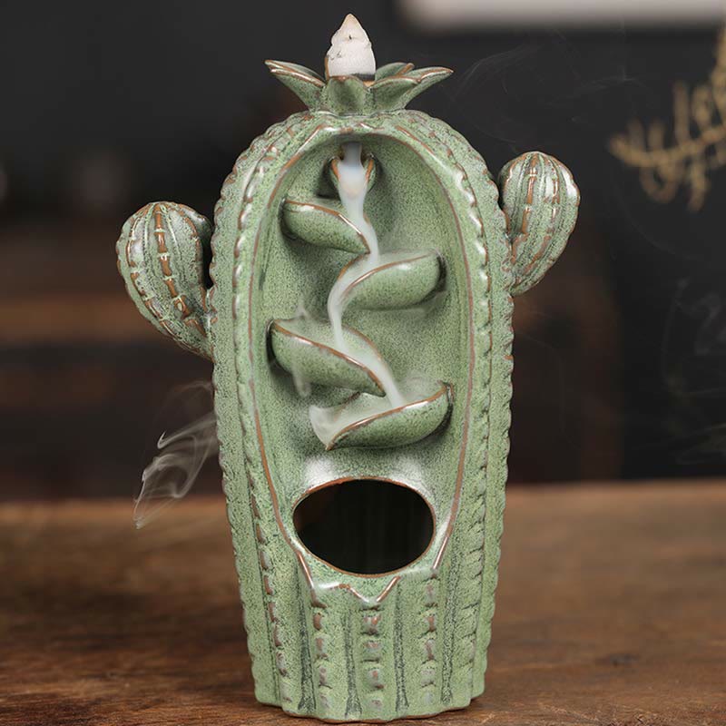 Buddha Stones Cactus Ceramic Healing Backflow Smoke Fountain Incense Burner - Cactus-Green 12.5*6.5*17cm - image 8