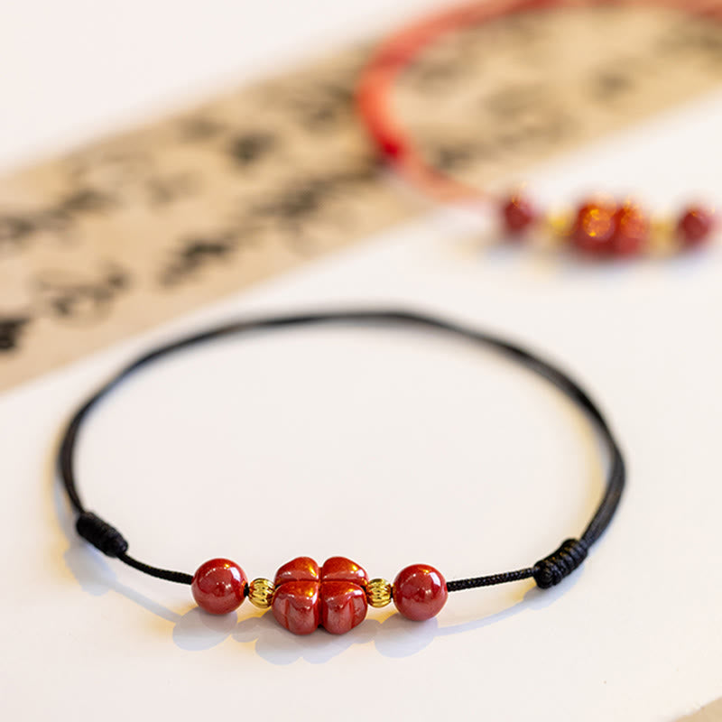 Buddha Stones Four Leaf Clover Cinnabar Blessing Calm String Bracelet Anklet - image 22