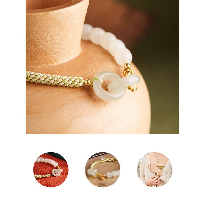 Buddha Stones Natural Hetian Jade Bead Double Peace Buckle Fu Character Abundance Braided Bracelet - image 24