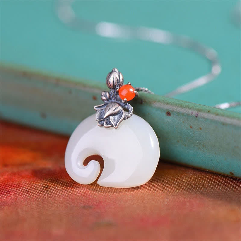 Buddha Stones White Jade Elephant Lotus Protection Necklace Pendant - image 3