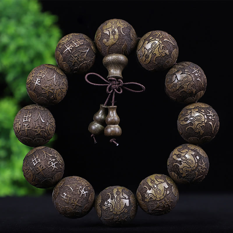 Buddha Stones Chinese Zodiac Rosewood Ebony Copper Coin PiXiu Carved Warmth Bracelet - Ebony Safety And Peace - image 16