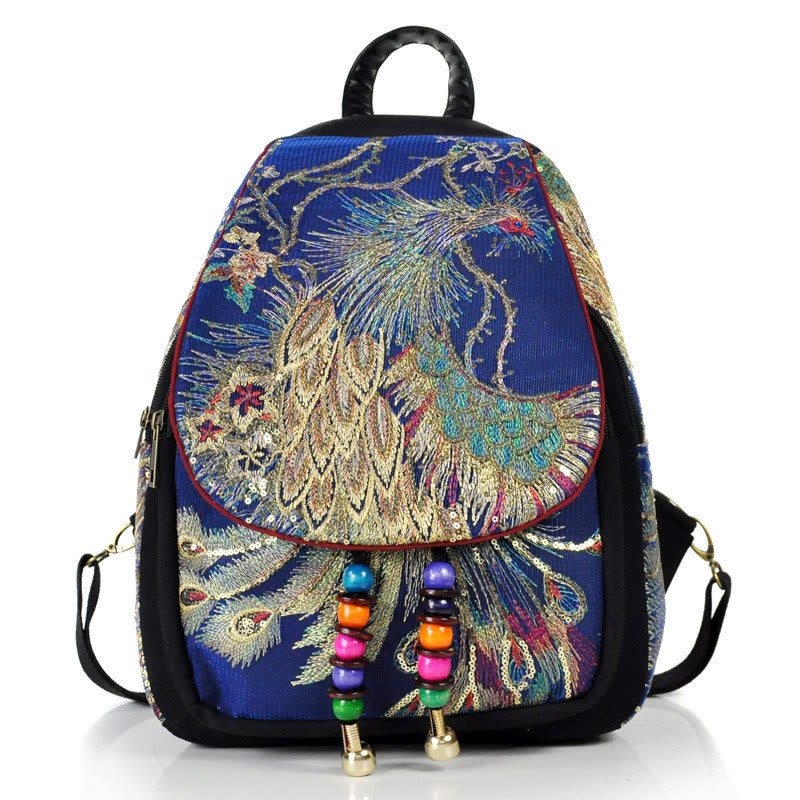 Buddha Stones Peacock Embroidery Canvas Tassel Backpack - Dark Blue Peacock - image 18