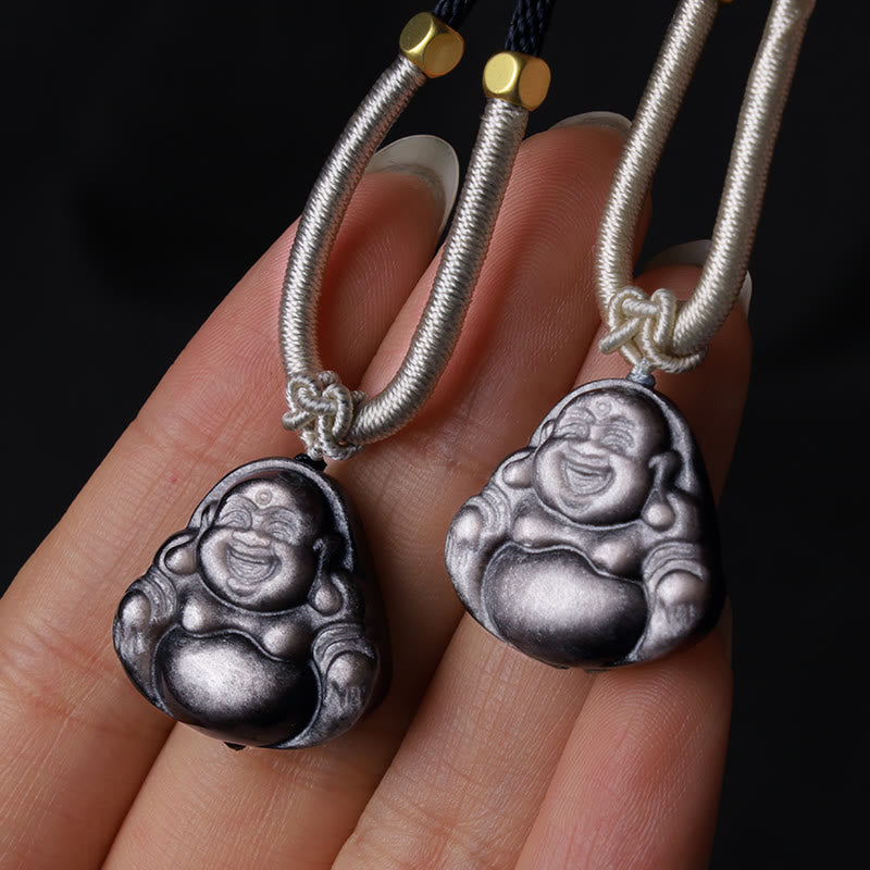 Buddha Stones Natural Silver Sheen Obsidian Laughing Buddha Protection Necklace Pendant - image 8