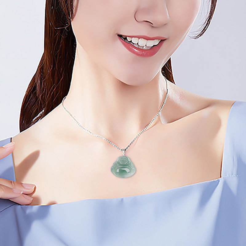 Buddha Stones Laughing Buddha Jade Protection Calm Titanium Steel Chain Necklace Pendant - image 7