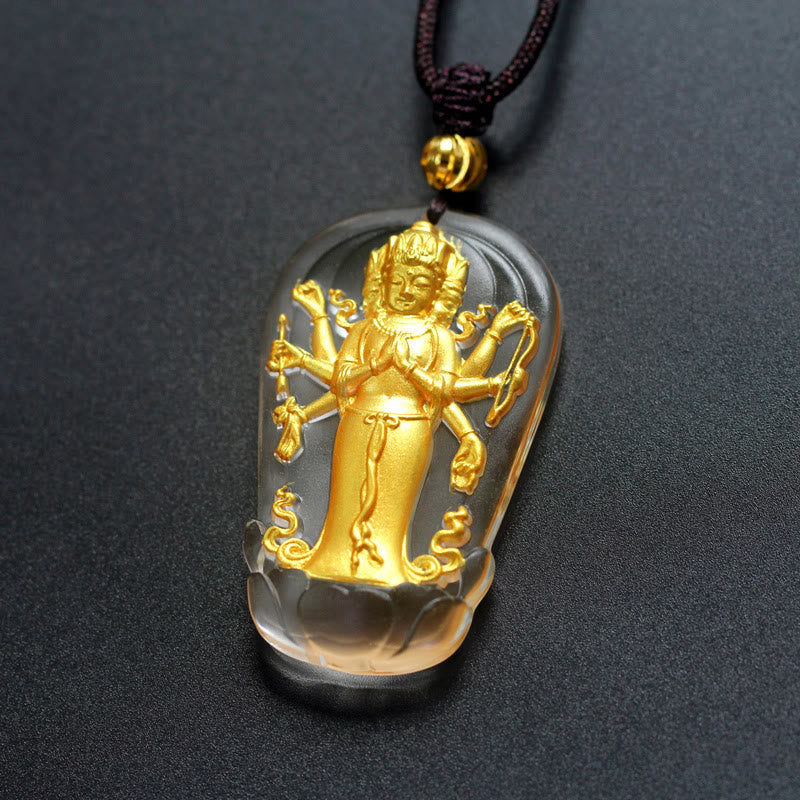 Buddha Stones Tibetan Eight-armed Avalokitesvara Guanyin Buddha Gold Plated Liuli Crystal Wealth Necklace Pendant - image 1