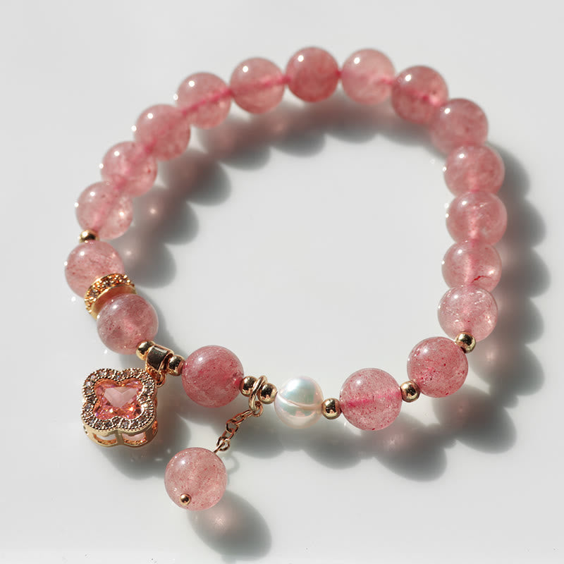 Buddha Stones Strawberry Quartz Pearl Four Leaf Clover Charm Healing Bracelet - image 8