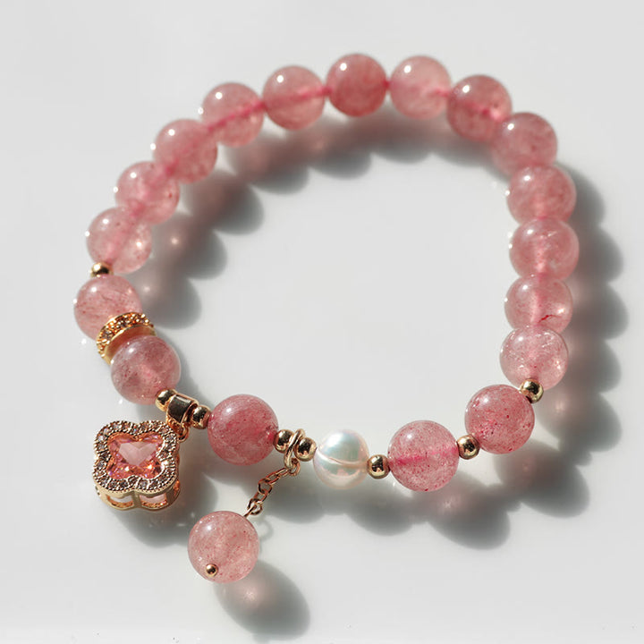 Buddha Stones Strawberry Quartz Pearl Four Leaf Clover Charm Healing Bracelet - image 8