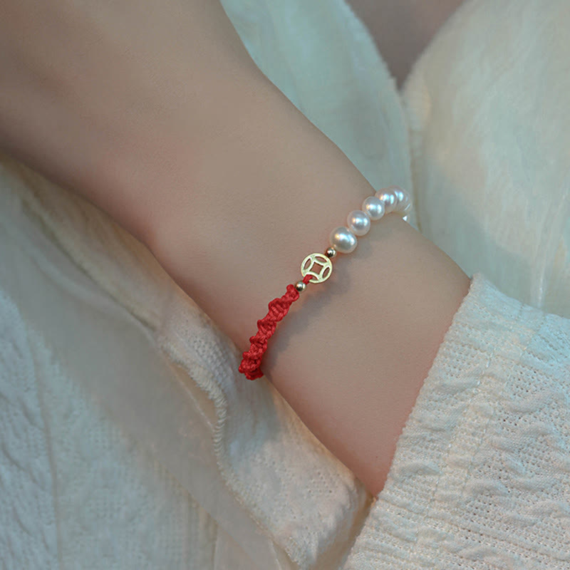 Buddha Stones 14K Gold Plated Pearl Bead Luck Protection Braid Red String Bracelet - image 10