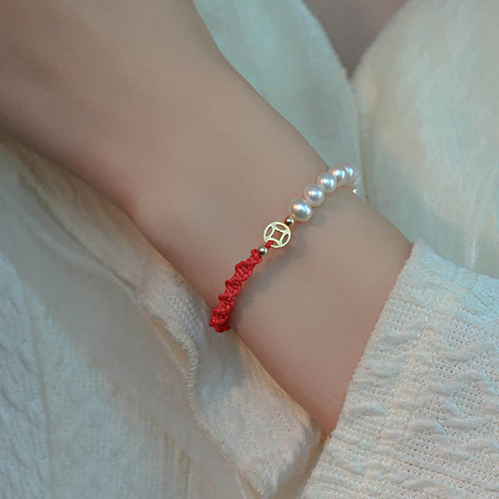 Buddha Stones 14K Gold Plated Pearl Bead Luck Protection Braid Red String Bracelet - image 10