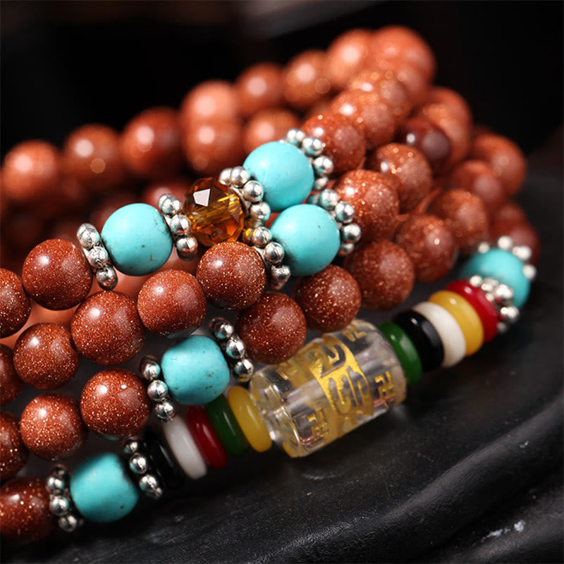 Buddha Stones 108 Mala Beads Goldstone Om Mani Padme Hum Swastika Confidence Bracelet - image 3