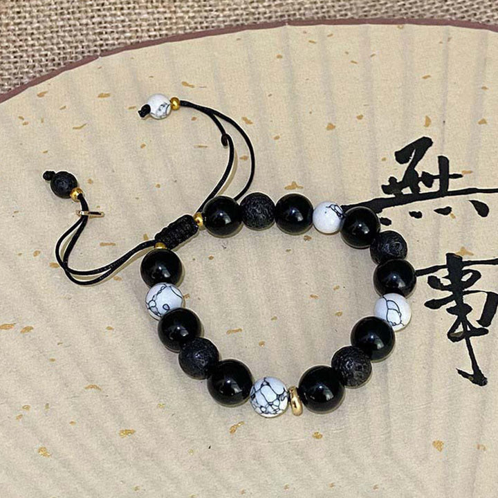 Buddha Stones Black Obsidian Lava Rock Stone Yin Yang Strength Bracelet - image 11