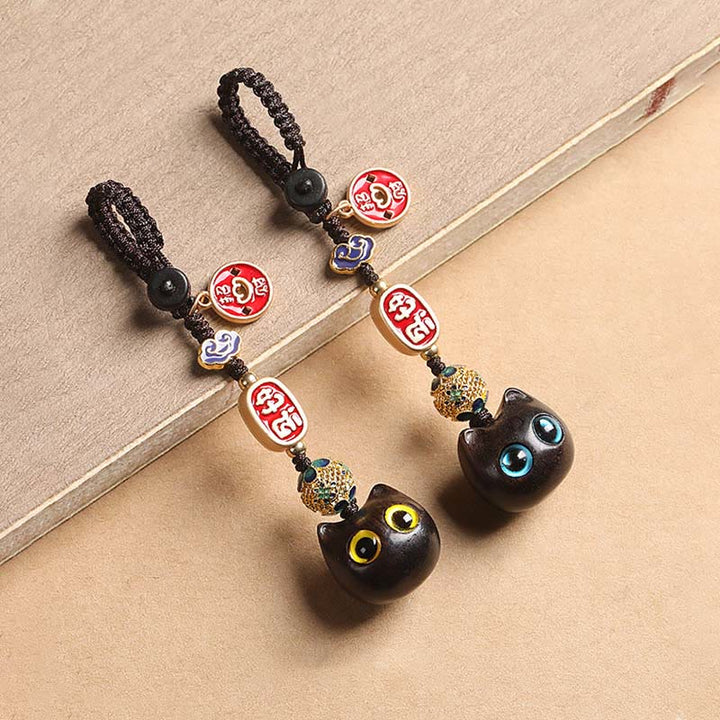 Buddha Stones Ebony Wood Lucky Cat Auspicious Cloud Peace Key Chain Phone Hanging Decoration - image 16