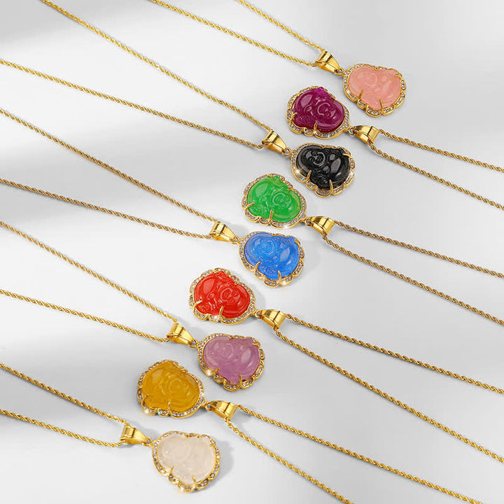 Buddha Stones 18K Gold Filled Laughing Buddha Jade Luck Necklace Chain Pendant - image 0