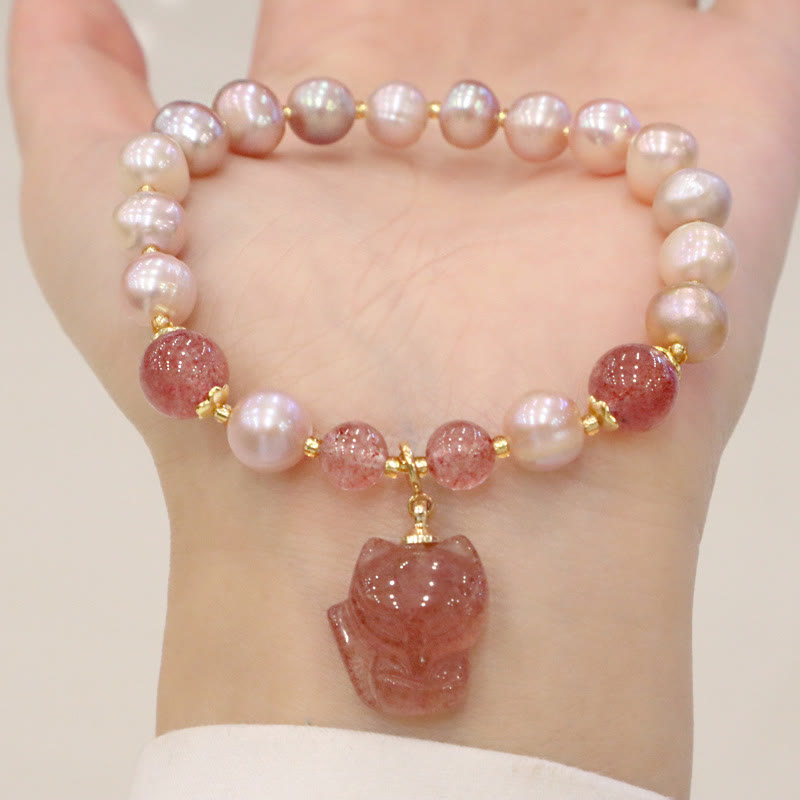 Buddha Stones Natural Pearl Strawberry Quartz Cute Fox Love Healing Charm Bracelet - Pearl&Strawberry Quartz - image 0