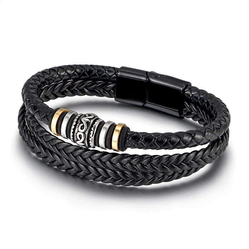 Buddha Stones Leather Layered Titanium Steel Balance Braided Bracelet - image 1