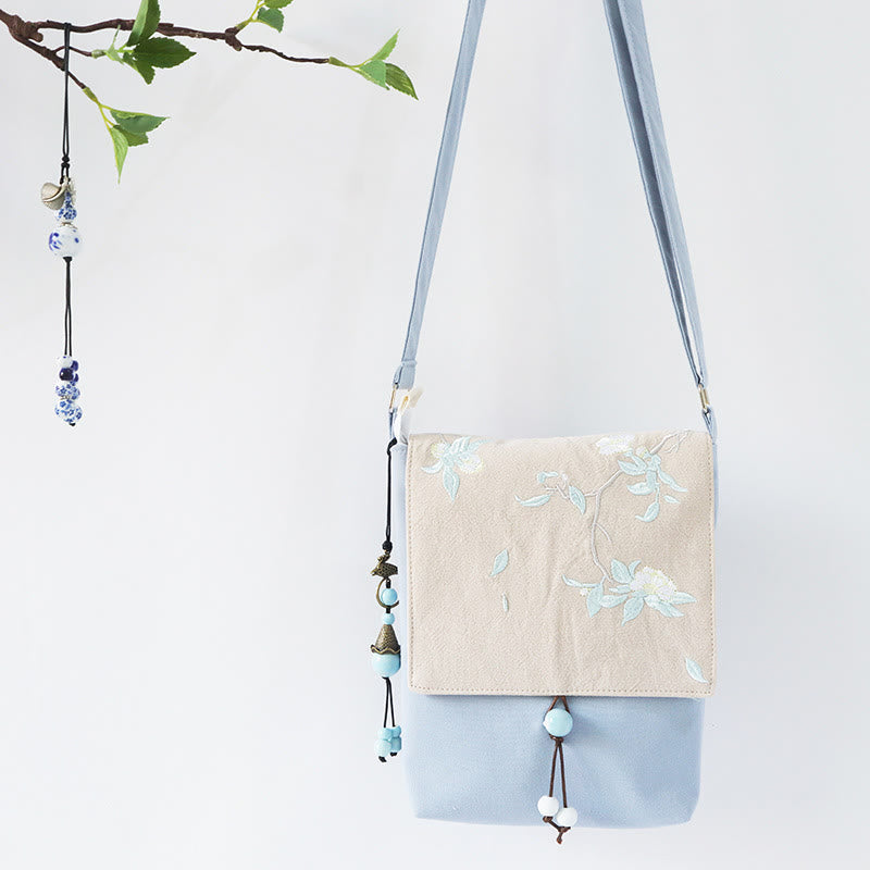 Buddha Stones Handmade Embroidered Plum Flowers Canvas Crossbody Bag Shoulder Bag Handbag - Light Blue White Tea Flower 20*23cm - image 15