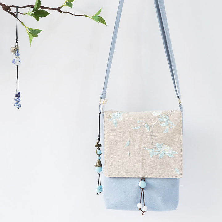 Buddha Stones Handmade Embroidered Plum Flowers Canvas Crossbody Bag Shoulder Bag Handbag - Light Blue White Tea Flower 20*23cm - image 15