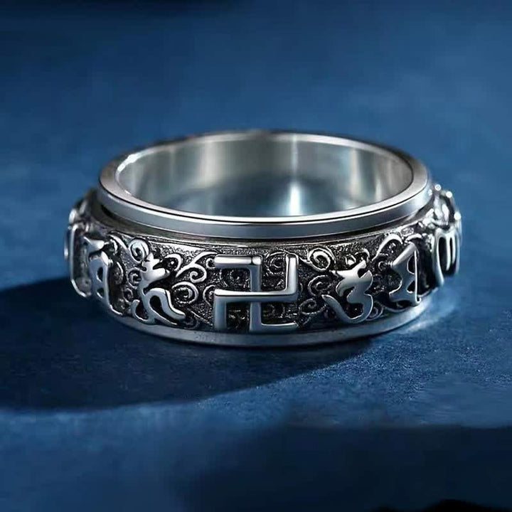Buddha Stones Six True Words Swastika Copper Healing Rotatable Ring - US11 - image 0