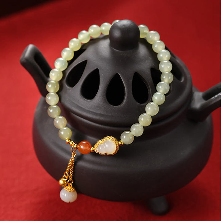 Buddha Stones 925 Sterling Silver Hetian Jade Gourd Lotus Abundance Luck Bracelet - image 1