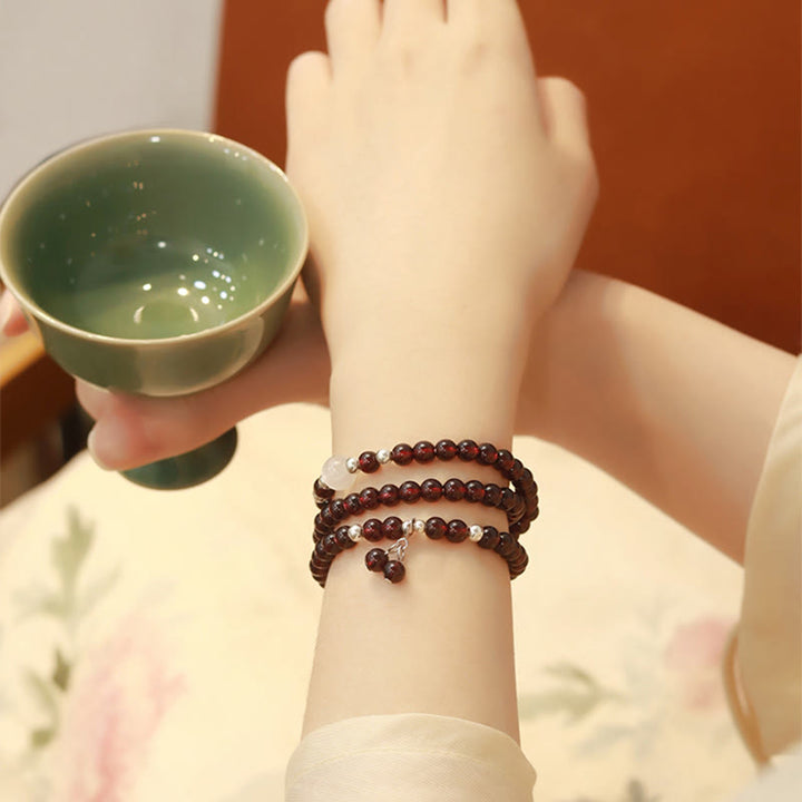Buddha Stones 925 Sterling Silver Natural Garnet Cat Eye Protection Triple Wrap Bracelet - image 2