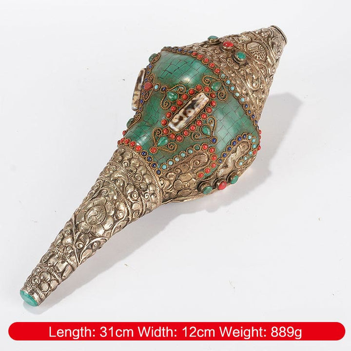 Buddha Stones Tibetan Handmade Engraved Shankha Double Dorje Buddha Conch Shell Wealth Positive Decoration - Double Dorje 31*12cm - image 2