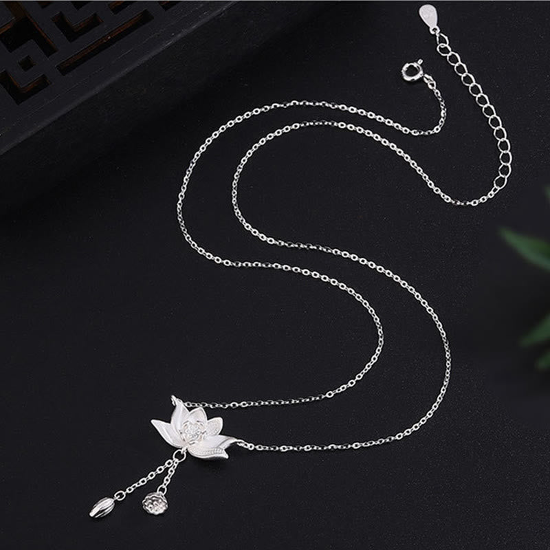 Buddha Stones 999 Sterling Silver Lotus Flower Pod Carved Enlightenment Necklace Pendant - image 4