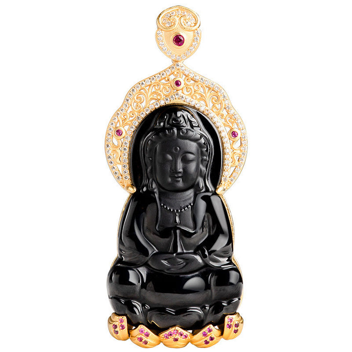 Buddha Stones Natural Black Jade Kwan Yin Avalokitesvara Wealth Titanium Steel Chain Necklace Pendant - image 3
