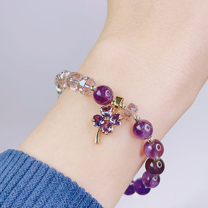 Buddha Stones Amethyst Crystal Four Leaf Clover Healing Charm Bracelet - image 6