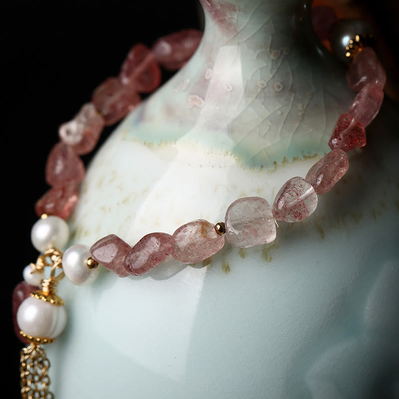 Buddha Stones Natural Strawberry Quartz Pearl 14k Gold Plated Love Healing Bracelet - image 2
