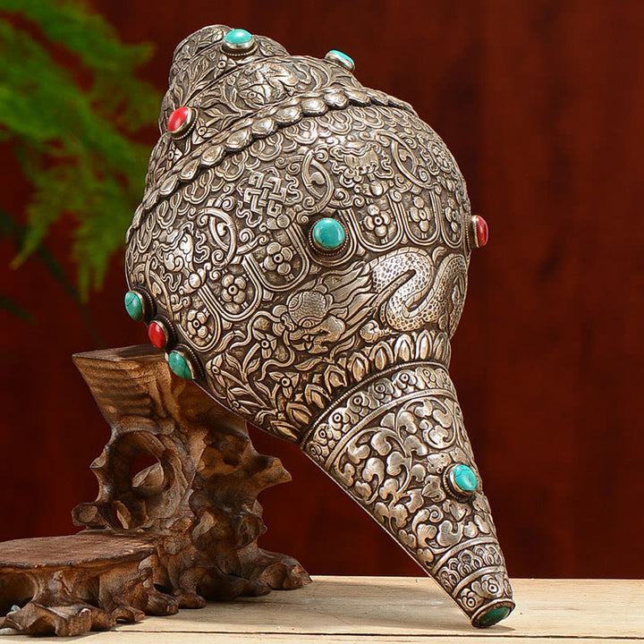 Buddha Stones Tibetan Handmade Natural Shankha Engraved Eight Auspicious Symbols Conch Shell Lucky Home Decoration - 27.5*15cm - image 0