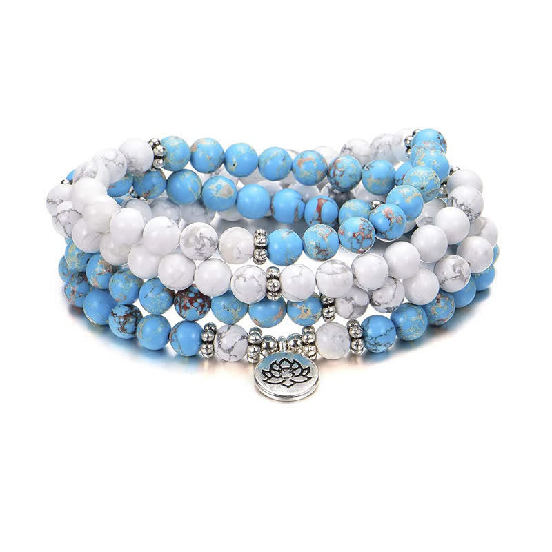 108 Mala Beads White Turquoise Emperor Stone Lotus Blessing Bracelet - White Turquoise&Emperor Stone - image 0