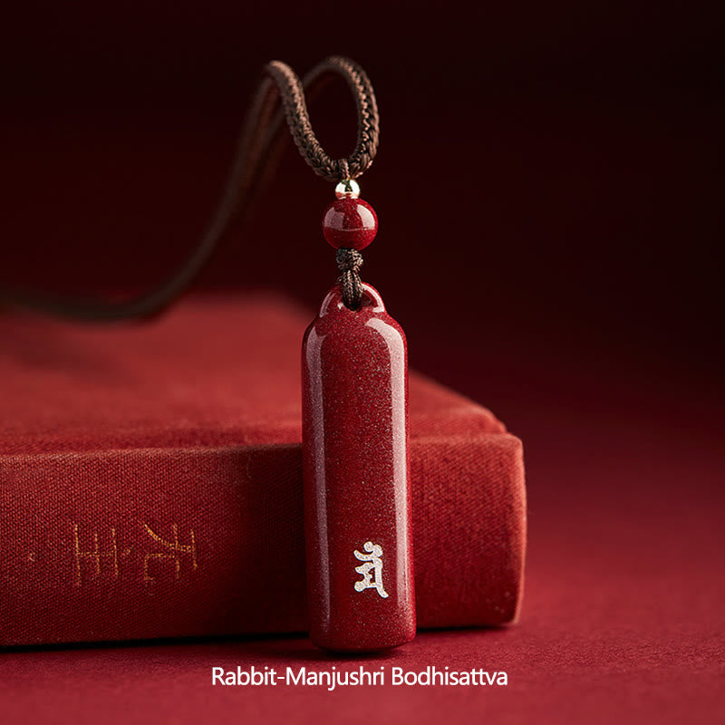 Buddha Stones Chinese Zodiac Natal Buddha Cinnabar Amulet Protection String Necklace Pendant - Brown - Rabbit-Manjushri Bodhisattva - image 11