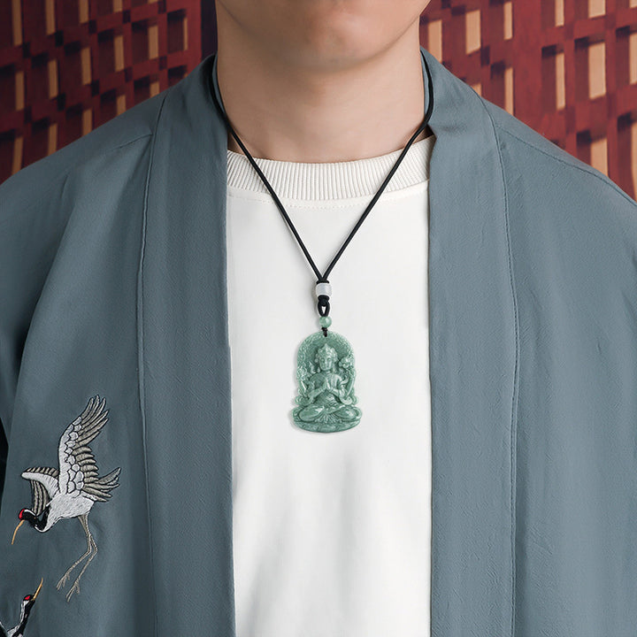 Buddha Stones Four-armed Avalokitesvara Natural Jade Amulet Blessing String Necklace - image 2