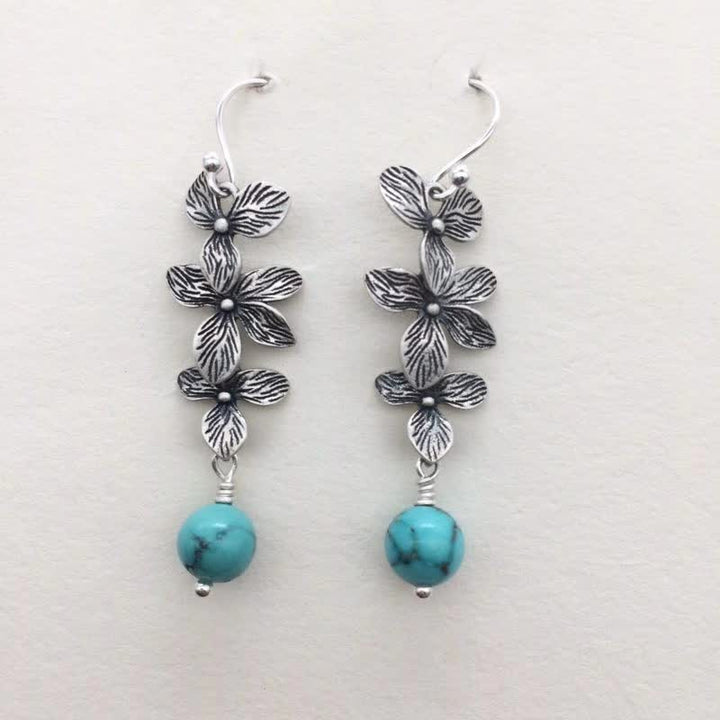 Buddha Stones 925 Sterling Silver Turquoise Lazurite Flower Leaf Serenity Protection Hook Drop Dangle Earrings - image 3