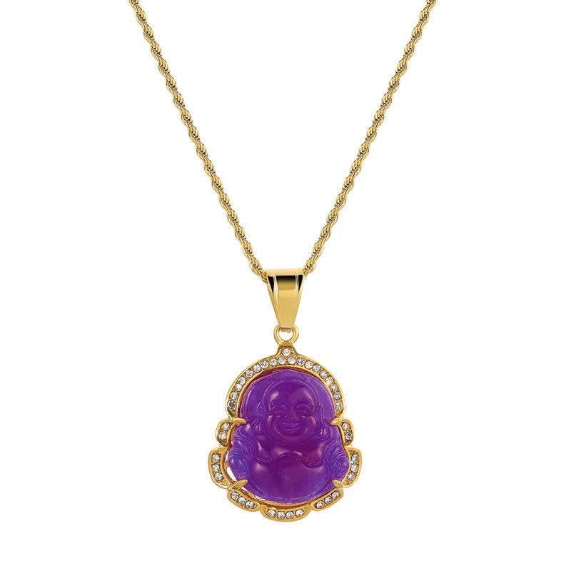 Buddha Stones 18K Gold Filled Laughing Buddha Jade Luck Necklace Chain Pendant - Purple - image 20