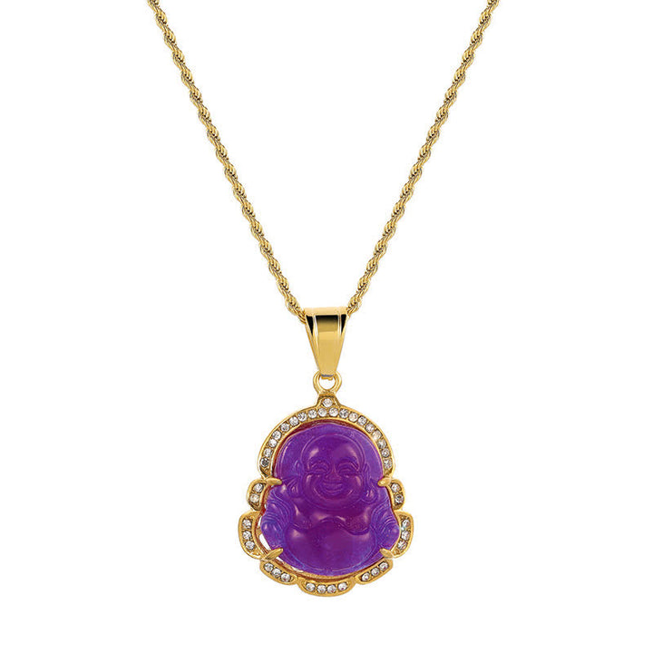 Buddha Stones 18K Gold Filled Laughing Buddha Jade Luck Necklace Chain Pendant - Purple - image 17