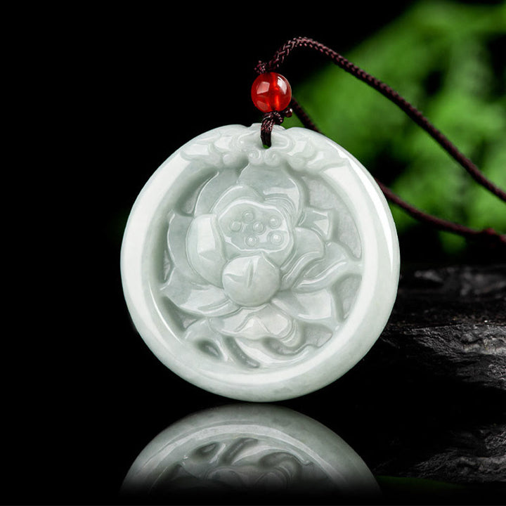 Buddha Stones Natural Jade Lotus Flower Carved Prosperity Necklace Pendant - image 1