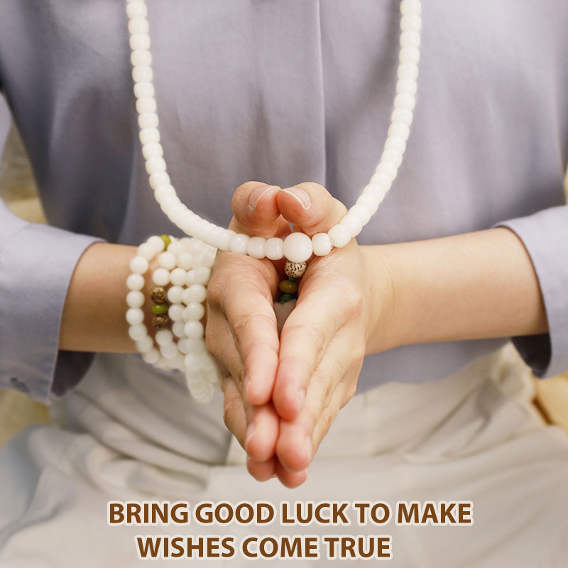 Buddha Stones White Jade Bodhi Lotus Mala Harmony Necklace Bracelet - image 16