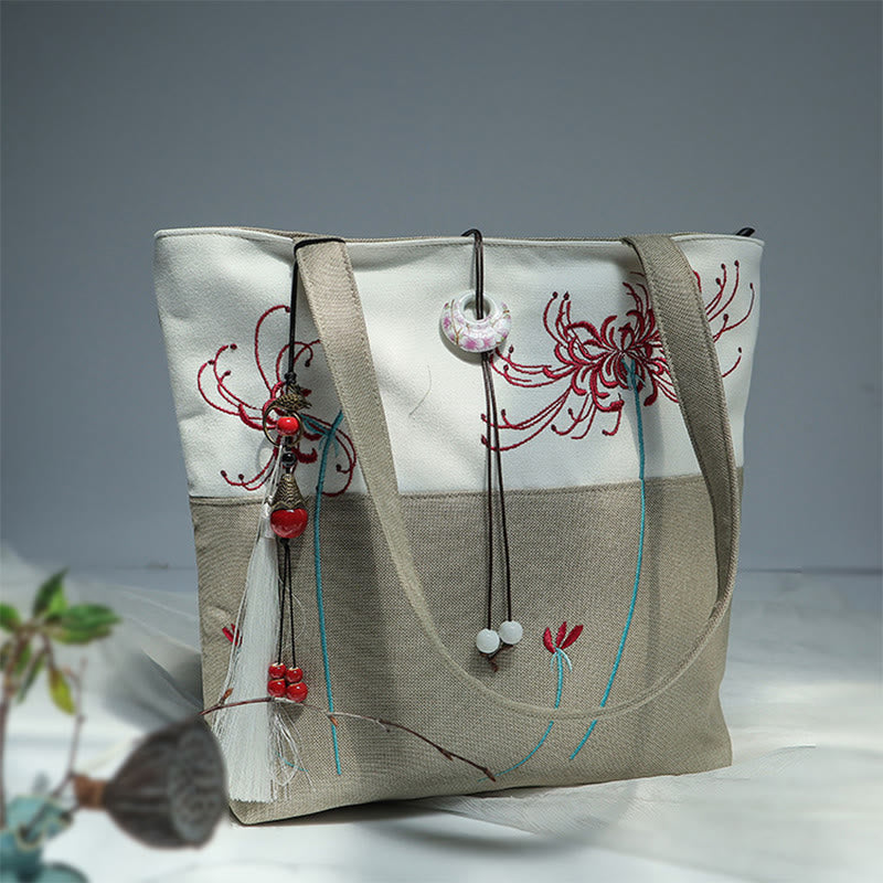 Buddha Stones Pear Flower Plum Peach Blossom Bamboo Embroidery Canvas Large Capacity Shoulder Bag Tote Bag - Beige White Mangushakas Flower - image 41