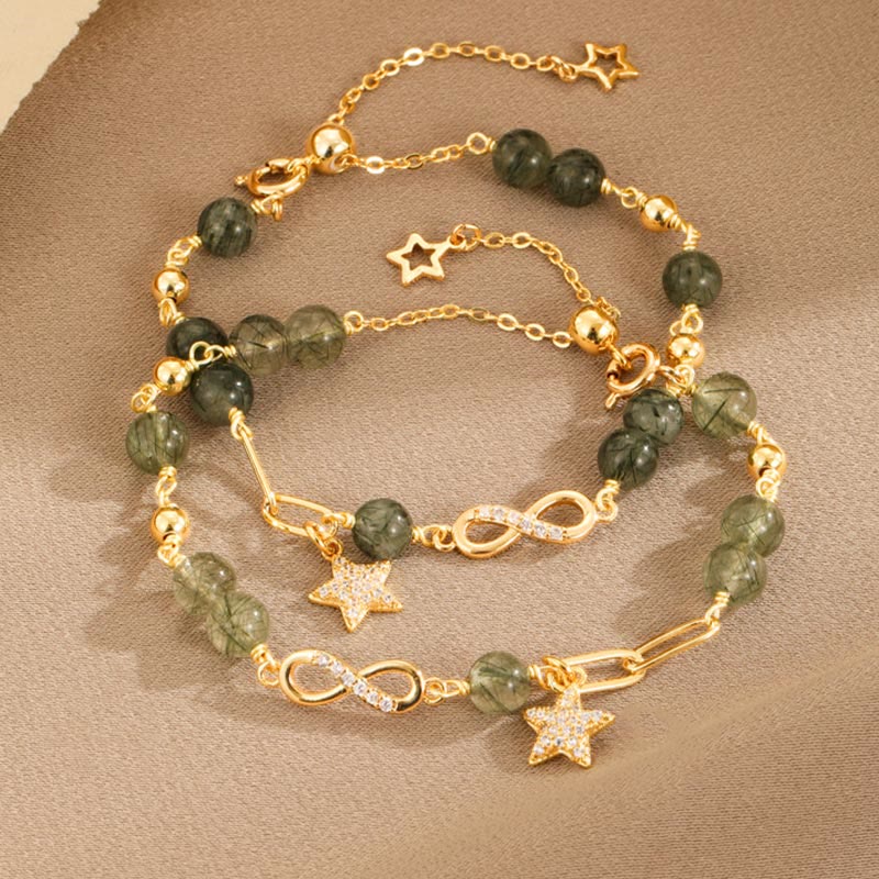 Buddha Stones 14k Gold Plated Copper Green Rutilated Quartz Möbius Loop Eternal Love Star Protection Bracelet - image 8