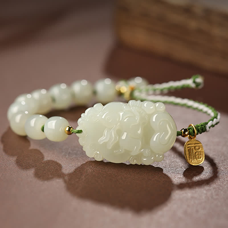 Buddha Stones 925 Sterling Silver Chinese Zodiac Hetian Jade Happiness Luck String Bracelet - image 2