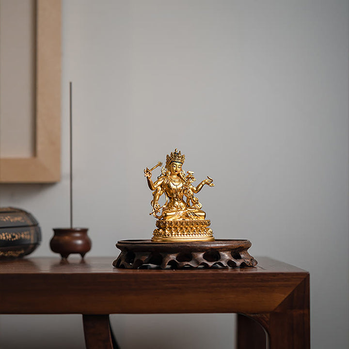 Buddha Stones Four-armed Manjusri Bodhisattva Gold Figurine Compassion Serenity Copper Statue Home Decoration - image 6