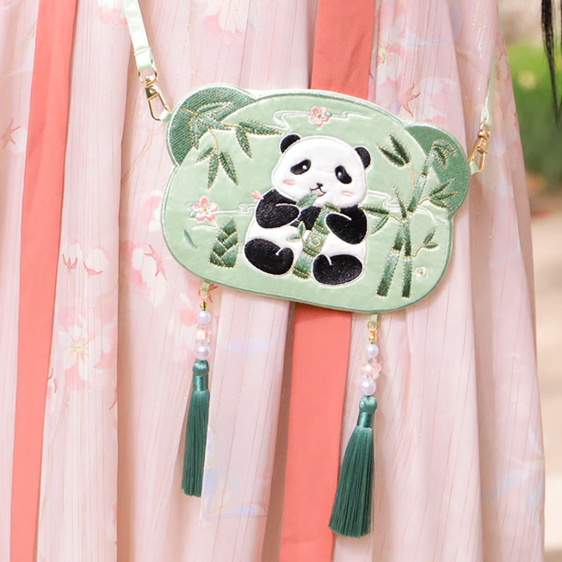 Buddha Stones Embroidery Lucky Panda Cat Shiba Inu Deer Rabbit Fox Flower Cute Animal Hanfu Bag Crossbody Bag Shoulder Bag - Panda Bamboo - image 0