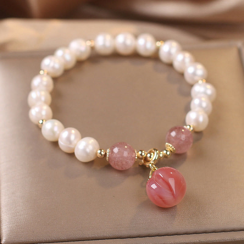Buddha Stones Natural Pearl Strawberry Quartz Peach Love Heart Wisdom Charm Bracelet - image 3