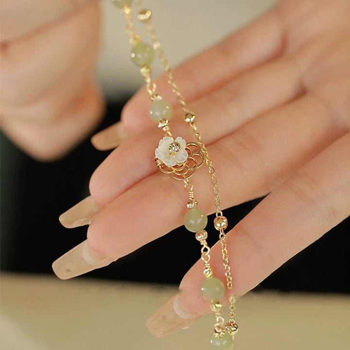 Buddha Stones 14K Gold Plated Jade Butterfly Tridacna Stone Flower Double Layer Luck Bracelet - image 12