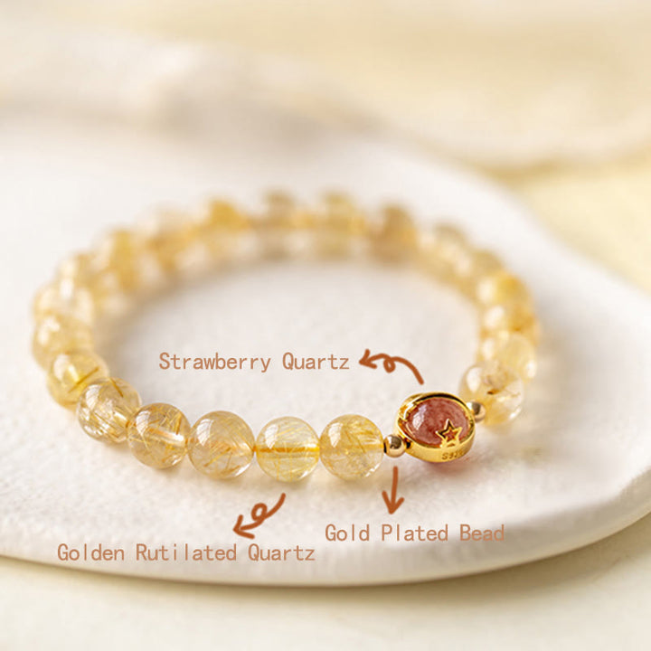 Buddha Stones Golden Rutilated Quartz Strawberry Quartz Star Protection Bracelet - 8mm - image 0