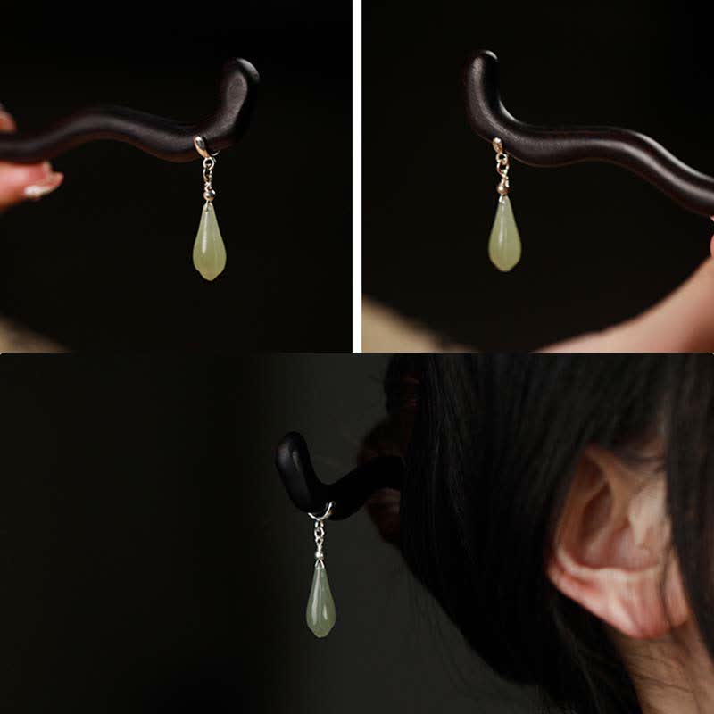 Buddha Stones 925 Sterling Silver Natural Hetian Jade Ebony Wood Luck Charm Hairpin - image 6