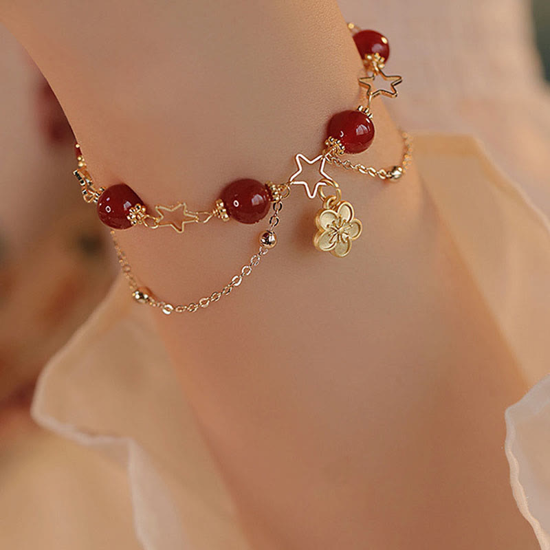 Buddha Stones 14k Gold Plated Red Agate Star Flower Charm Calm Bracelet - image 6