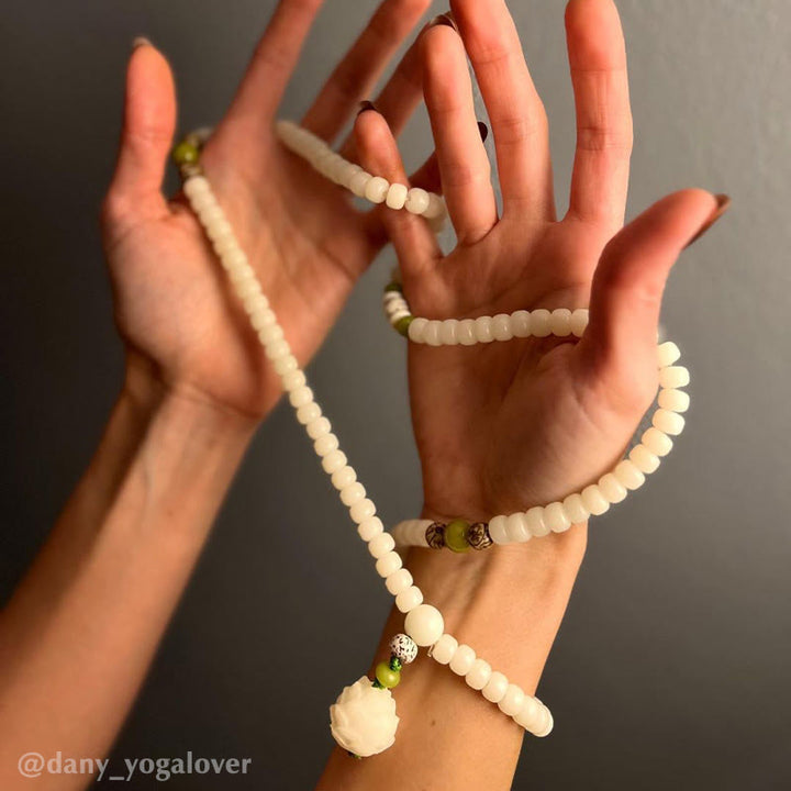 Buddha Stones White Jade Bodhi Lotus Mala Harmony Necklace Bracelet - image 19