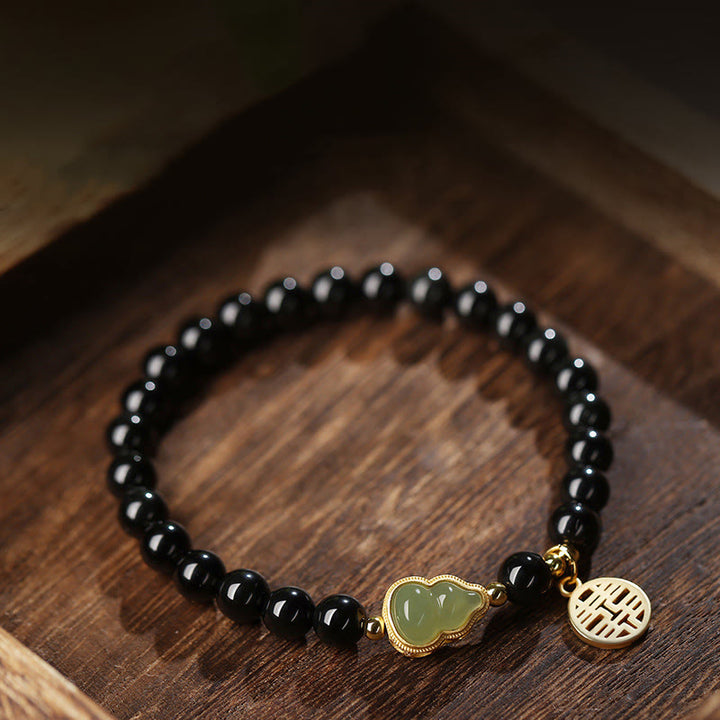 Buddha Stones Natural Black Obsidian Hetian Jade Gourd Double Happiness Strength Bracelet - image 1